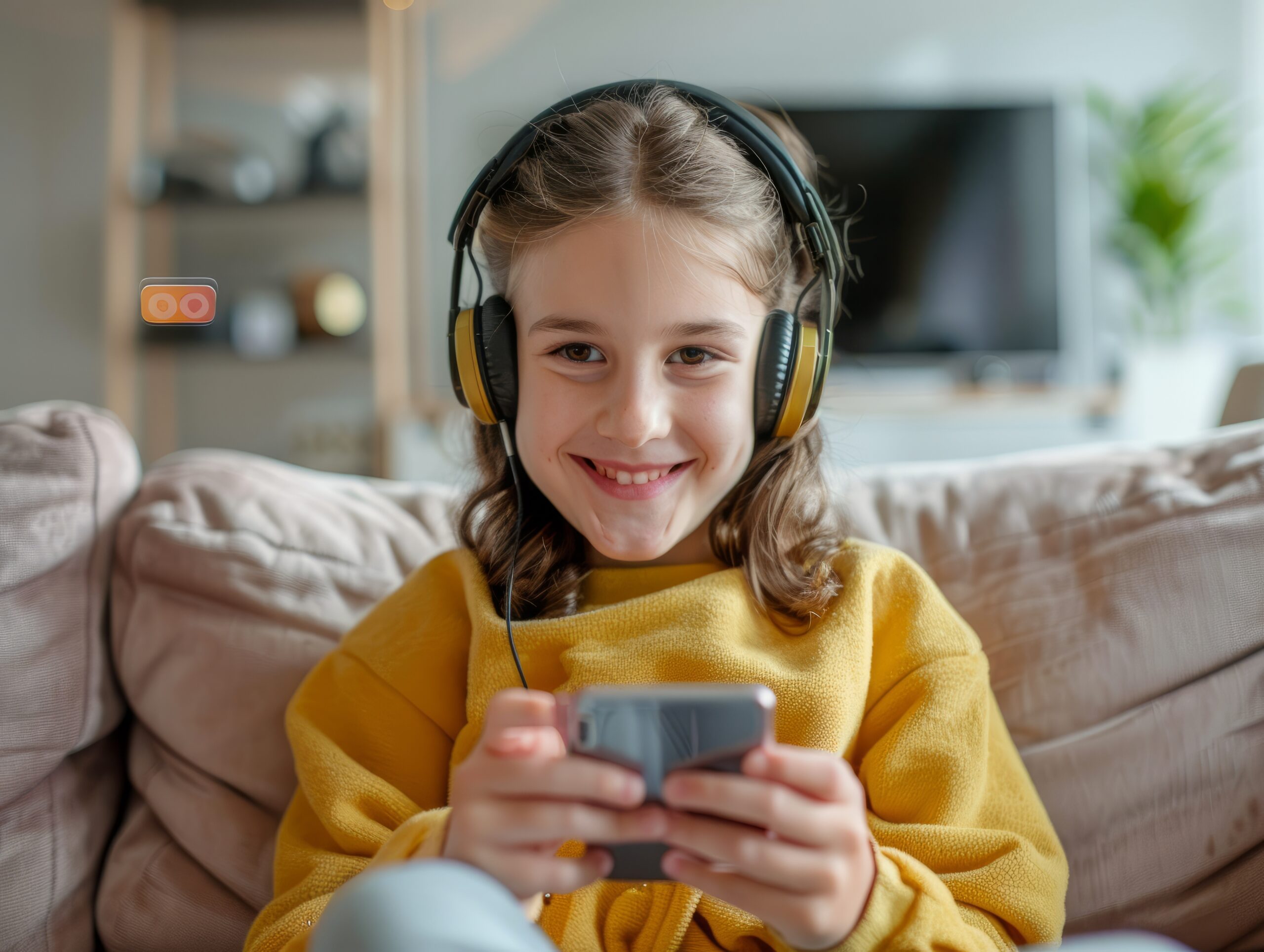 Happy smile Preteen girl kid using a smartphone and headphones for online learning, app social media, or playing a game
