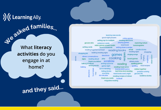 Word cloud with home literacy activities