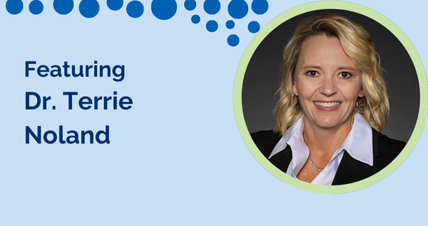 Promotional image for a webinar featuring Dr. Terrie Noland. The image shows Dr. Noland, a smiling woman with blonde hair, wearing a white shirt and black blazer, framed in a light green circle. The background is light blue with blue circular elements at the top left. The text reads "Featuring Dr. Terrie Noland." This webinar focuses on disunity in reading instruction, evidence-based reading practices, Science of Reading, and a unified approach to instruction.