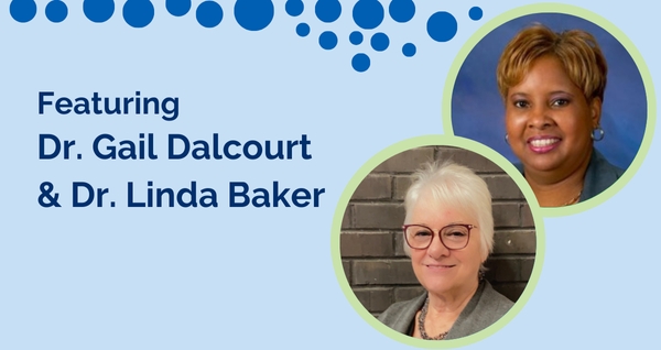 An image featuring two circular headshots: Dr. Gail Dalcourt (top right) and Dr. Linda Baker (bottom center), set against a light blue background with dark blue circular accents at the top. Text on the left side reads "Featuring Dr. Gail Dalcourt & Dr. Linda Baker," highlighting the **literacy solutions** and **effective reading strategies** they will present to help **manage complex texts** and achieve **quick literacy wins**.