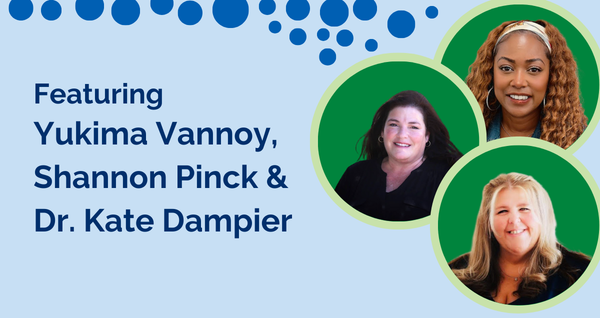 Promotional banner for the Learning Ally webinar "We’ll Have What They’re Having: Exponential Reading Growth that Counts." The image features headshots of speakers Yukima Vannoy, Shannon Pinck, and Dr. Kate Dampier against a light blue background with blue circular elements and green circle frames. This webinar focuses on achieving exponential reading growth and improving literacy outcomes.